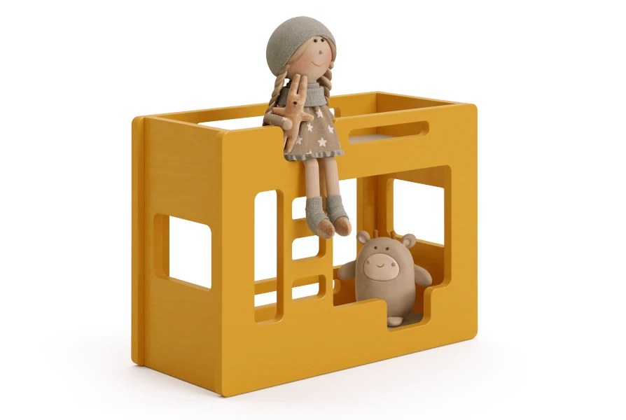 Drewniane łóżko piętrowe dla lalek wykonane ze sklejki sosnowej w kolorze musztardowym